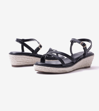 Sculpted Strap Espadrille Sandals - Black