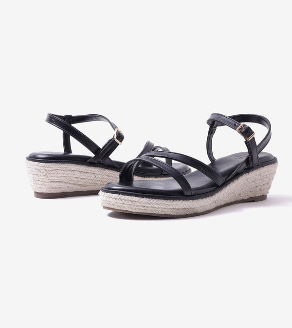 Sculpted Strap Espadrille Sandals - Black