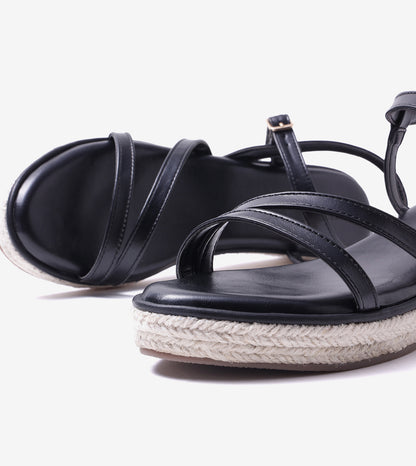 Sculpted Strap Espadrille Sandals - Black