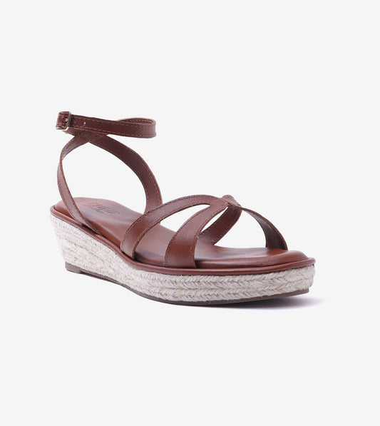 Interlock Detail Ankle Strap Wedges - Tan