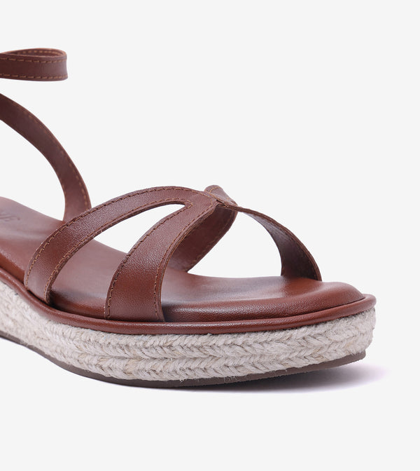 Interlock Detail Ankle Strap Wedges - Tan