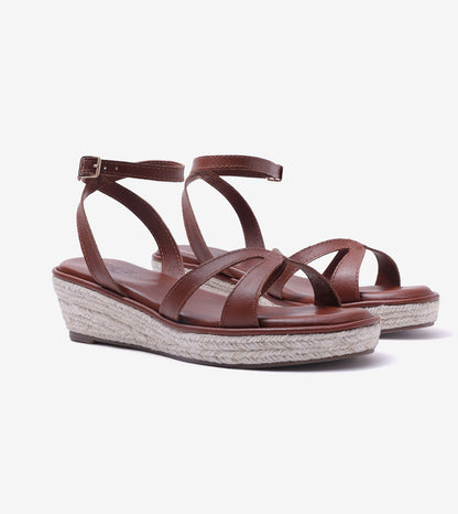 Interlock Detail Ankle Strap Wedges - Tan