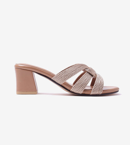 Braided Crossover Block Heels - Beige