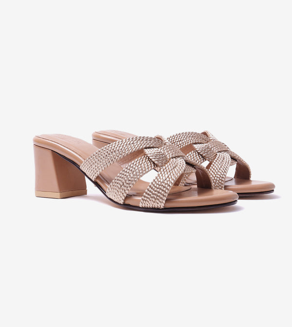 Braided Crossover Block Heels - Beige