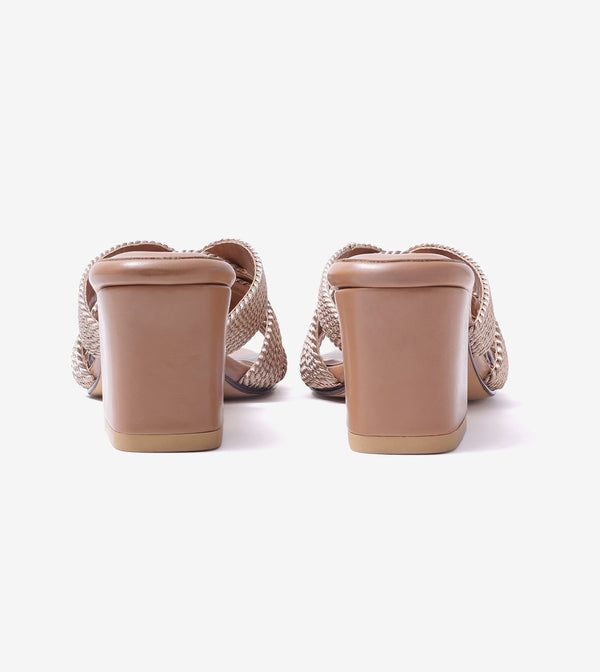 Braided Crossover Block Heels - Beige
