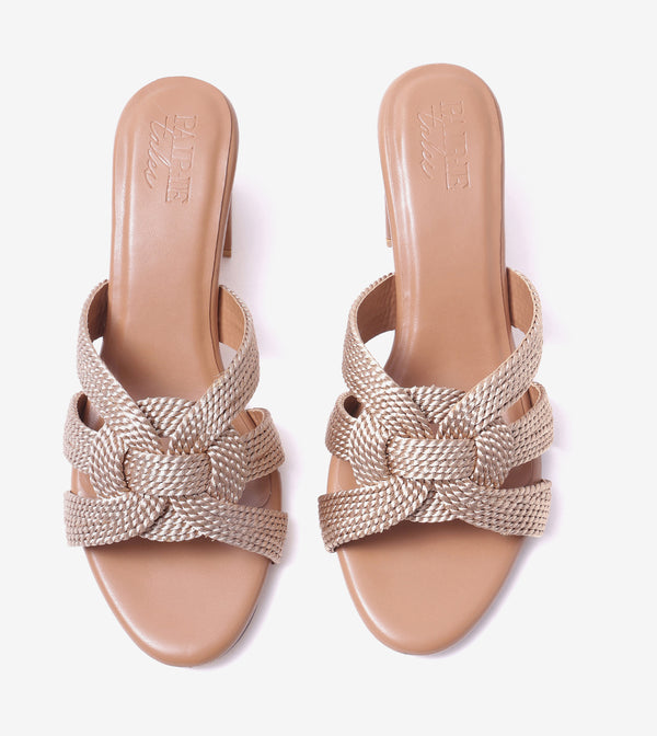 Braided Crossover Block Heels - Beige