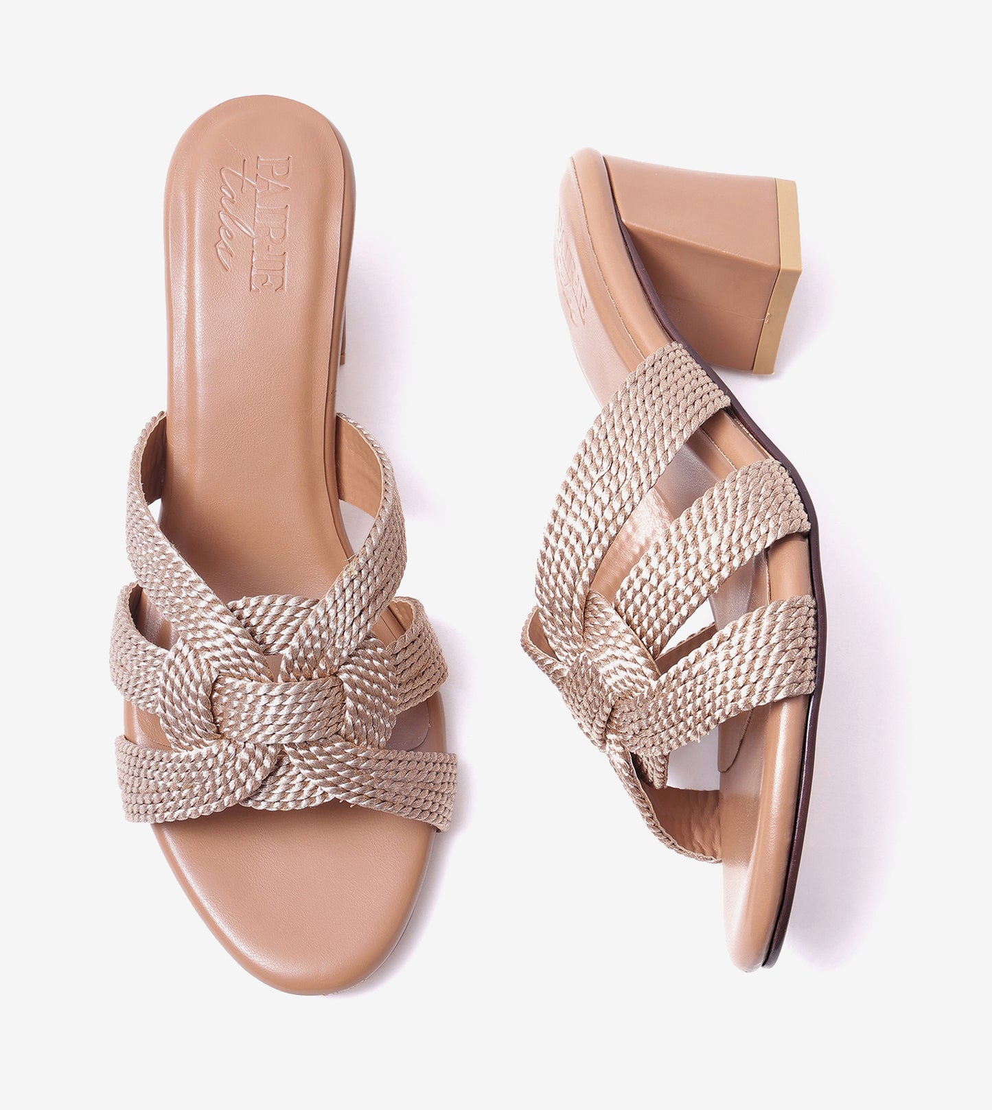 Braided Crossover Block Heels - Beige