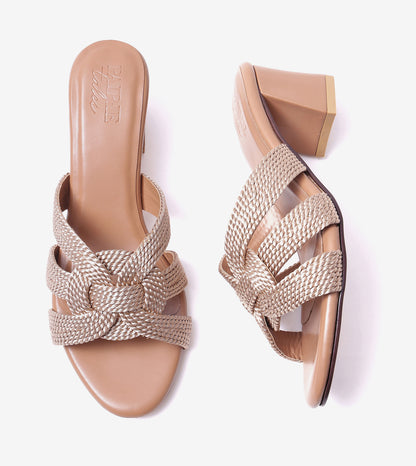 Braided Crossover Block Heels - Beige