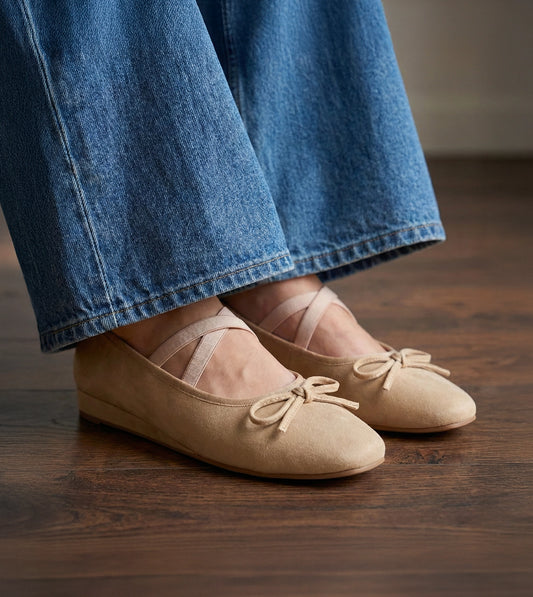 Velvet Mary Jane Flats - Beige