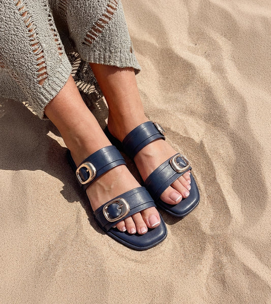Double Strap Buckled Flat Sandals - Navy Blue