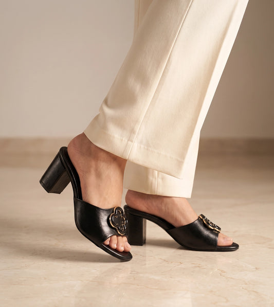 Floral Adornment Block Heeled Sandals - Black