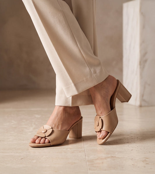 Floral Metallic Adornment Block Heeled Sandals - Beige