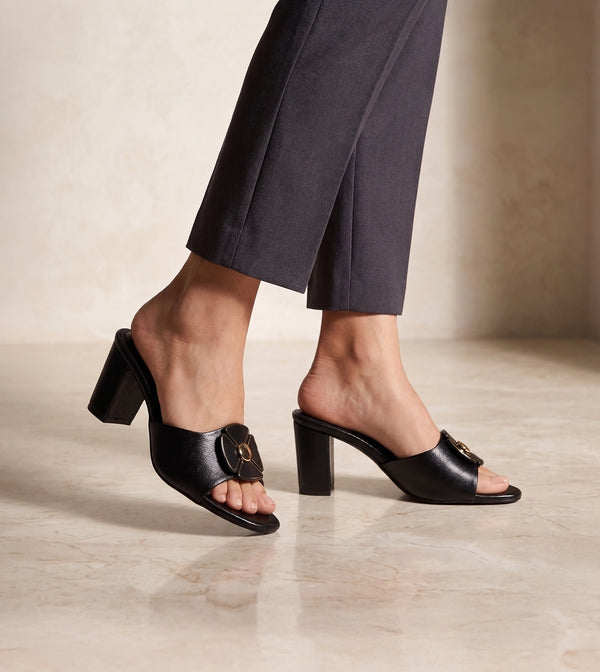 Floral Metallic Adornment Block Heeled Sandals - Black