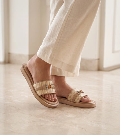 Raffia Slide Flat Sandals With Bamboo Adornment - Beige