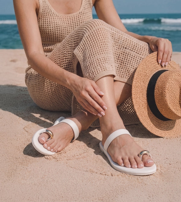 Patent Flat Sandals With Metallic Embellishment - White