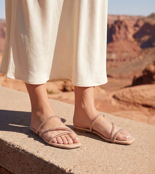 Satin Crystal - Embellished Strappy Sandals - Beige