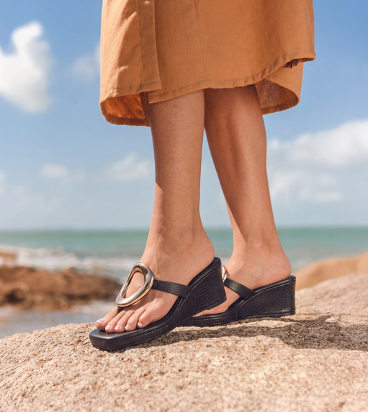 Golden Trim T-Strap Wedges - Black