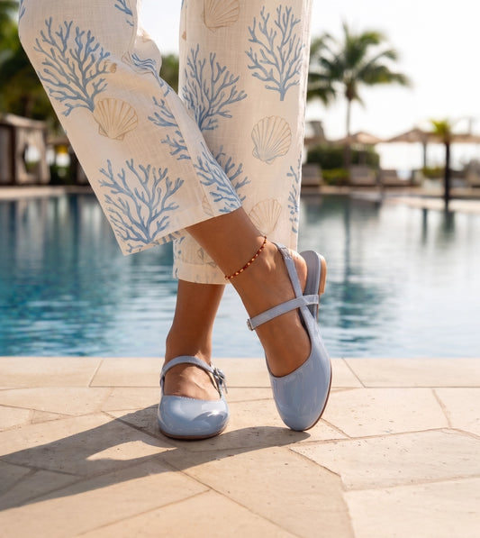 Patent Slingback Mary Janes Flat - Sky Blue