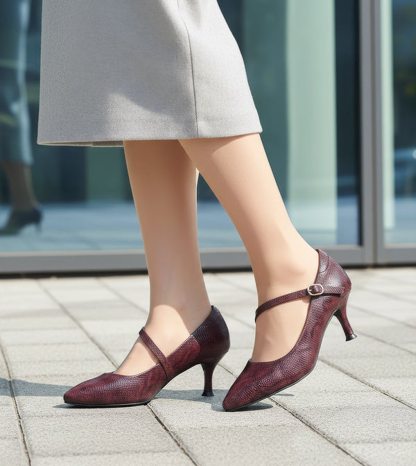 Textured Pointed-Toe Mary Jane Pumps - Mauve