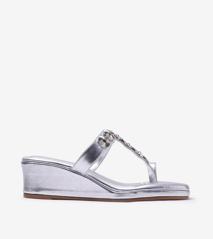 Ornate Chain Wedge Sandals - Silver