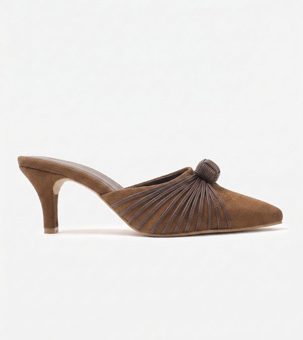 Suede Knotted Stiletto Mules - Brown