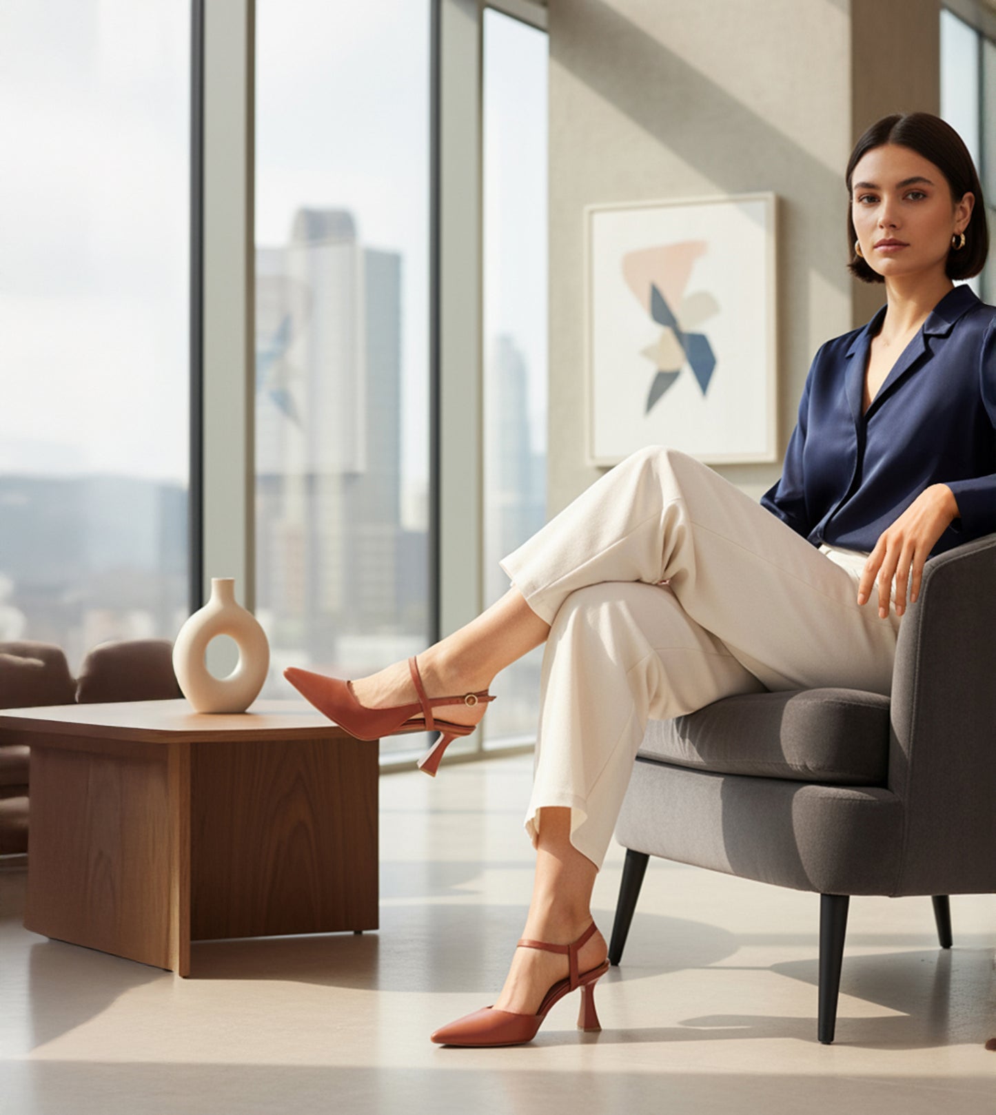 Slingback Pointed Toe Pumps - Tan