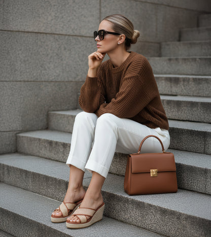 Woven Cross Strap Espadrille Wedges - Tan
