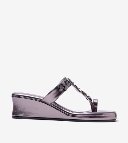 Ornate Chain Wedge Sandals - Gunmetal