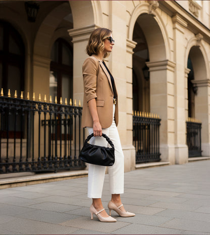 Pointed Toe Studded Mary Jane Pumps - Cream