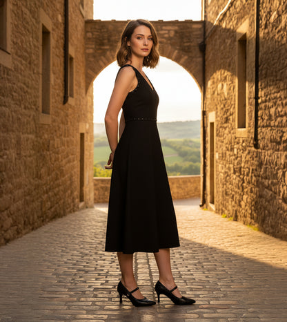 Pointed Toe Studded Mary Jane Pumps - Black