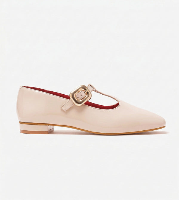 Classic Buckled Strap Mary Jane Flats - Cream