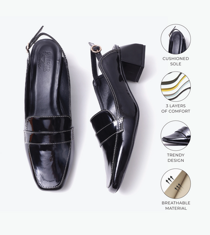 Loafer Slingback Block Heels - Black