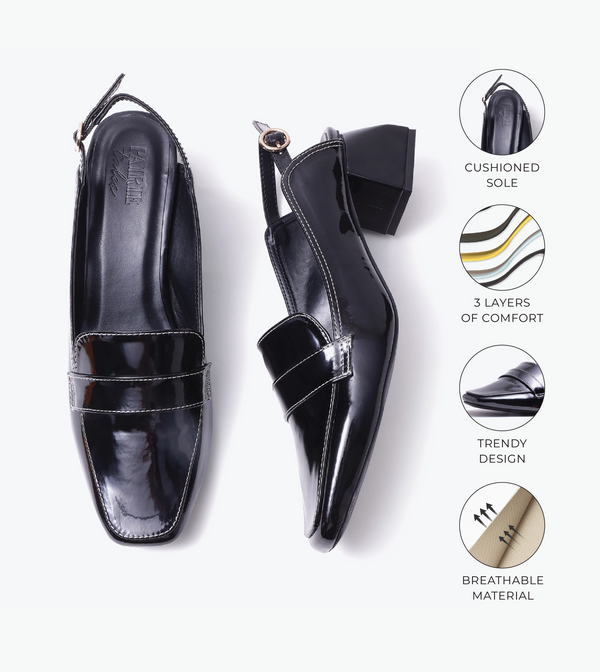 Loafer Slingback Block Heels - Black