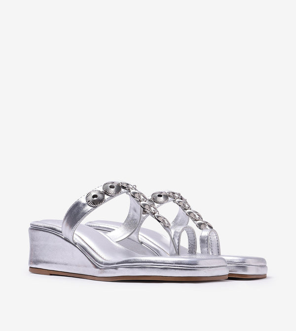 Ornate Chain Wedge Sandals - Silver