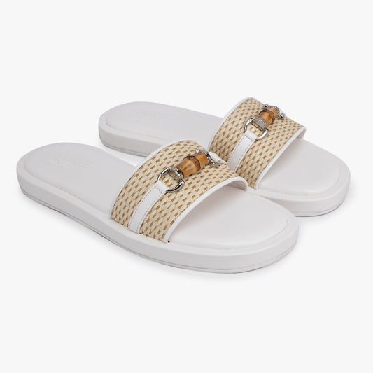 Raffia Slide Flat Sandals With Bamboo Adornment - White