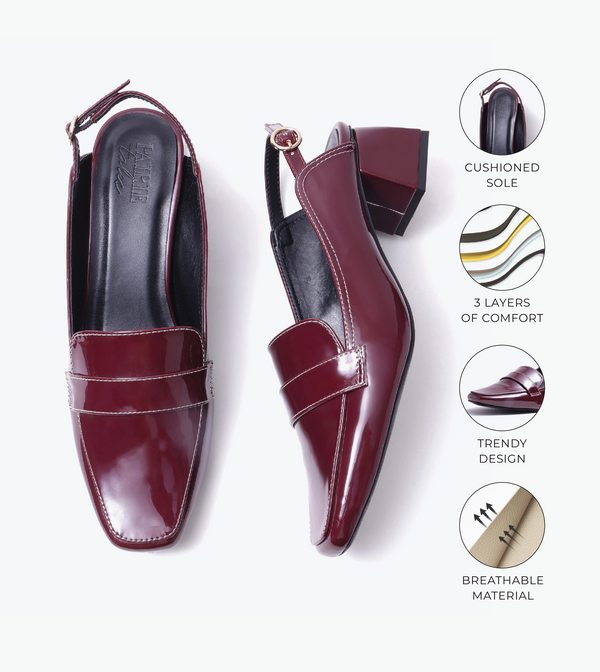 Loafer Slingback Block Heels - Wine