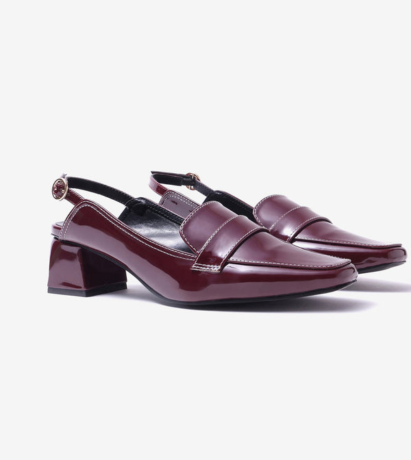 Loafer Slingback Block Heels - Wine