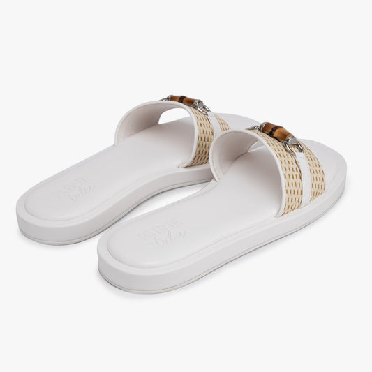 Raffia Slide Flat Sandals With Bamboo Adornment - White