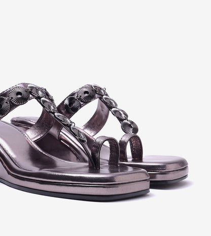 Ornate Chain Wedge Sandals - Gunmetal