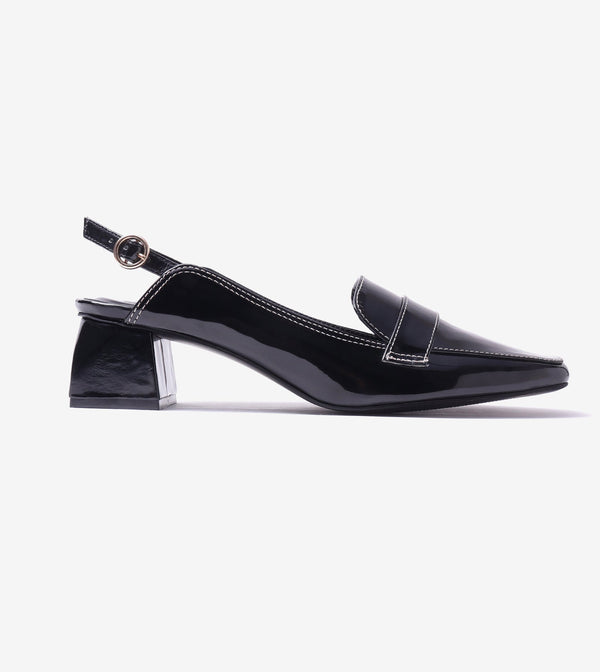 Loafer Slingback Block Heels - Black