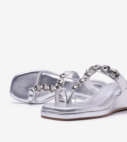 Ornate Chain Wedge Sandals - Silver