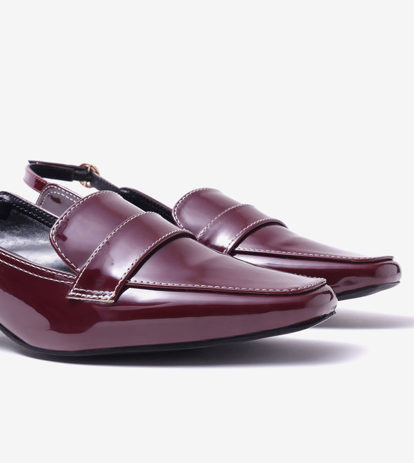 Loafer Slingback Block Heels - Wine