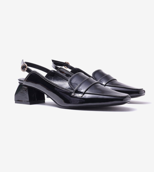 Loafer Slingback Block Heels - Black