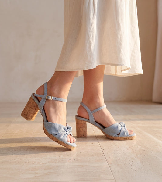 Denim Bow Detail Platform Heeled Sandals - Light Blue