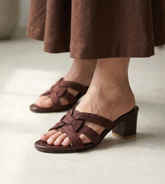 Braided Crossover Block Heels - Brown