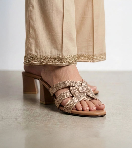 Braided Crossover Block Heels - Beige