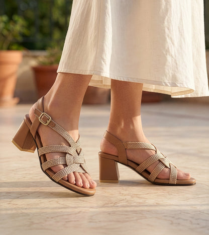 Interwoven Strap Block Heel Sandals - Beige