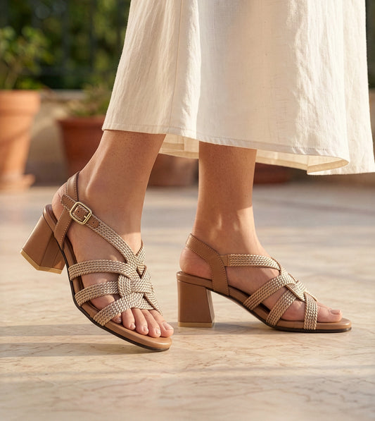 Interwoven Strap Block Heel Sandals - Beige