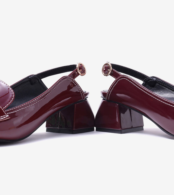 Loafer Slingback Block Heels - Wine
