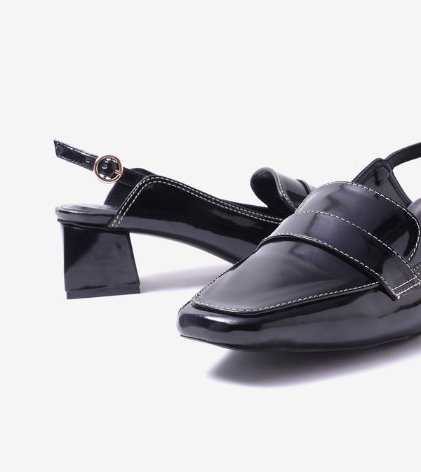 Loafer Slingback Block Heels - Black
